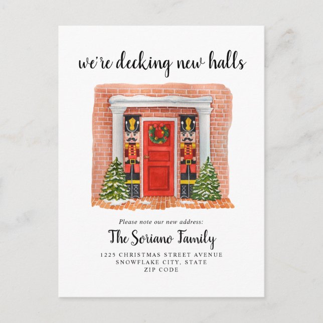 Decking New Halls Door Nutcracker Holiday Moving Announcement Postcard (Front)