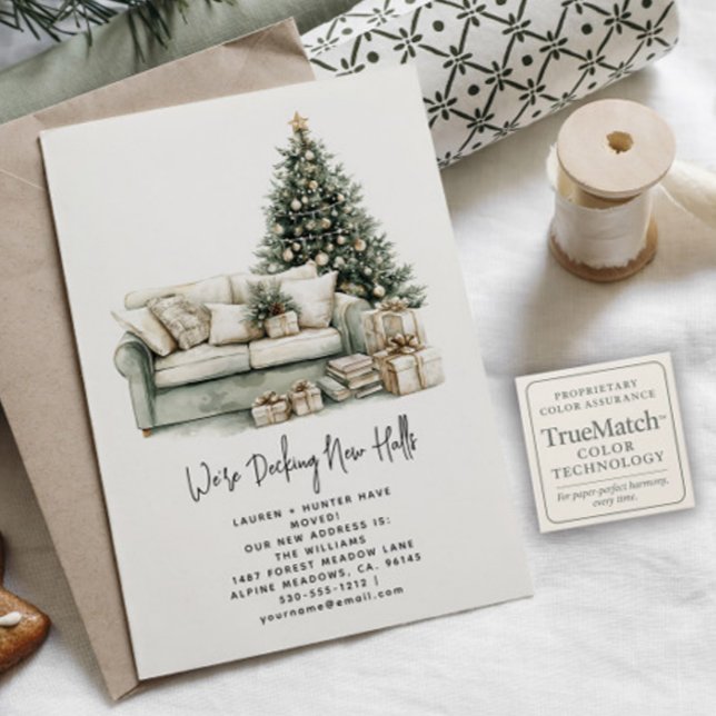 Decking New Halls Elegant Sage Green Holiday Announcement Postcard (Creator Uploaded)