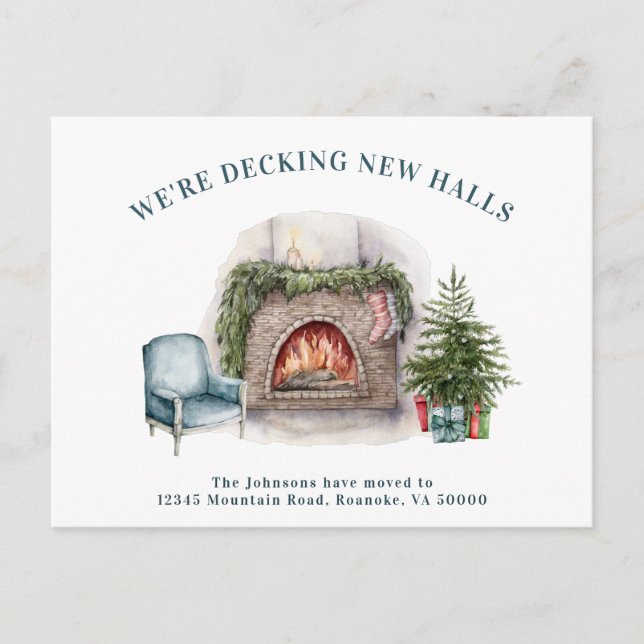 Decking New Halls Fireplace Christmas Tree Moving Announcement Postcard (Front)