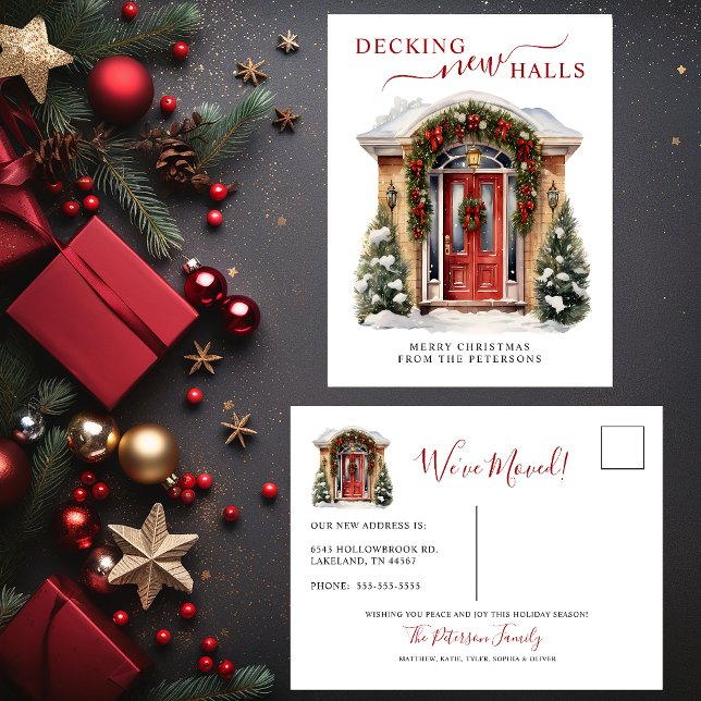 Decking New Halls New Home Red Door Holiday Moving Announcement Postcard (Creator Uploaded)