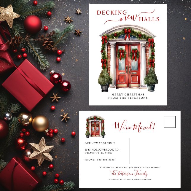Decking New Halls New Home Red Door Holiday Moving Announcement Postcard (Creator Uploaded)