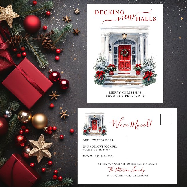 Decking New Halls New Home Red Door Holiday Moving Announcement Postcard (Creator Uploaded)