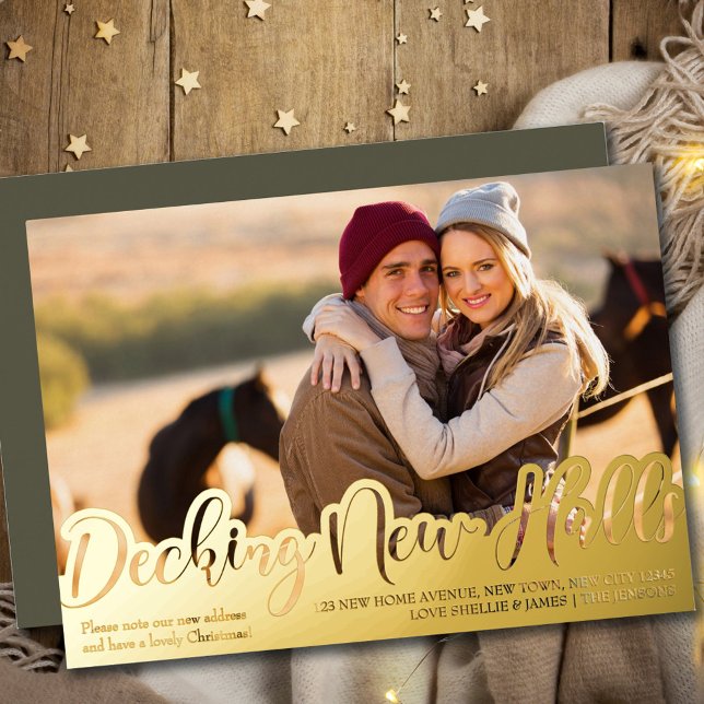 Decking New Halls Single Photo Handwritten Gold  Foil Holiday Card (Creator Uploaded)