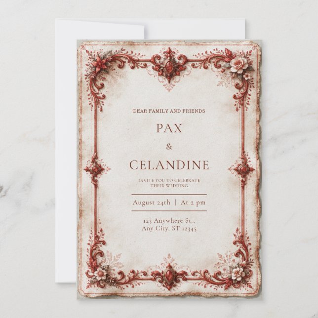 Deckled Crimson Floral Wedding Invitation (Front)