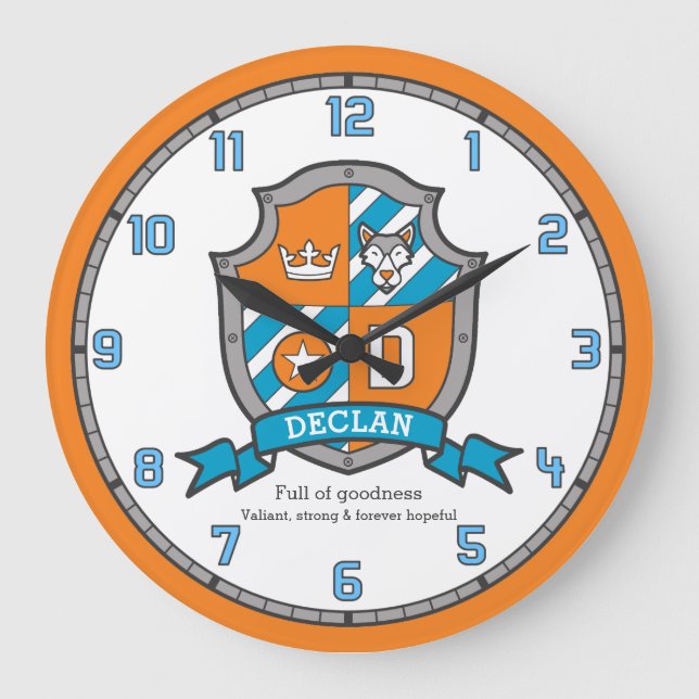 Declan boys name meaning knights shield orange large clock (Front)