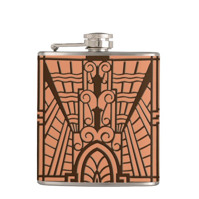 Deco Architectural Pattern, Copper and Brown Hip Flask (Front)