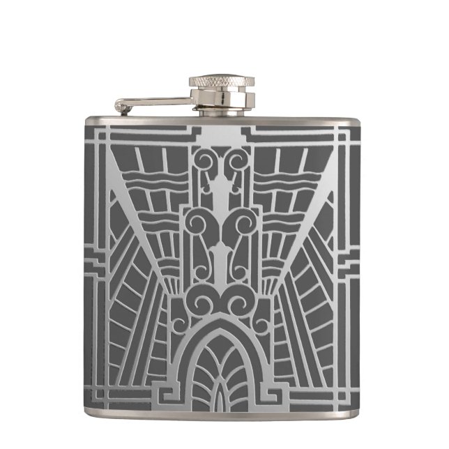 Deco Architectural Pattern, Silver Grey / Grey Hip Flask (Front)