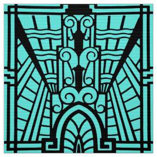 Deco Architectural Pattern, Turquoise and Black Fabric