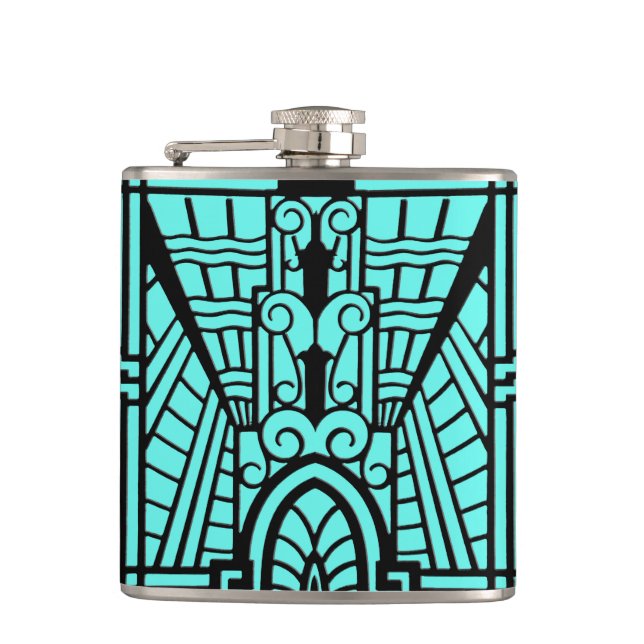 Deco Architectural Pattern, Turquoise and Black Hip Flask (Front)