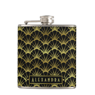 Deco Black Gold Scallop Shells Fan Custom Hip Flask