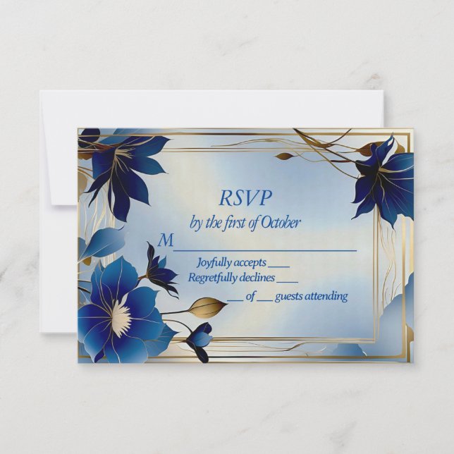 Deco blue flowers wedding RSVP card (Front)
