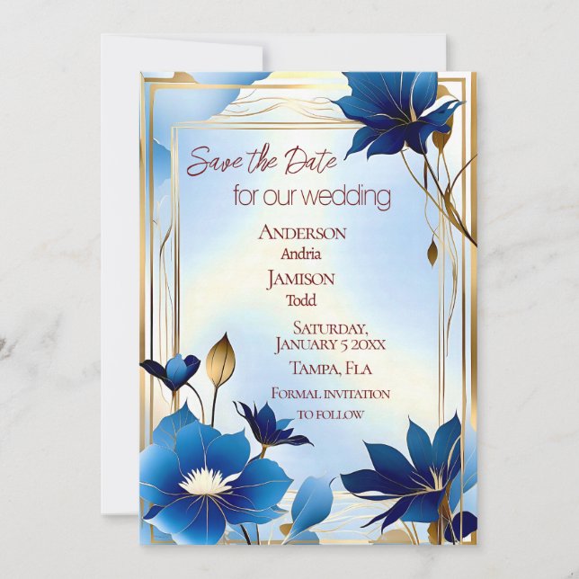 Deco blue flowers wedding save the date (Front)