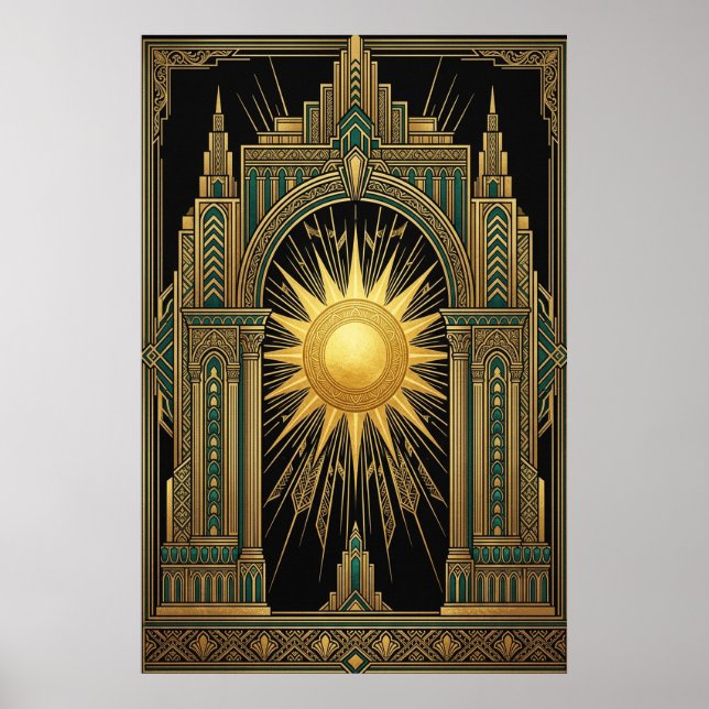 Deco Celestial Sun Portal Poster | Gold Teal Cathe (Front)