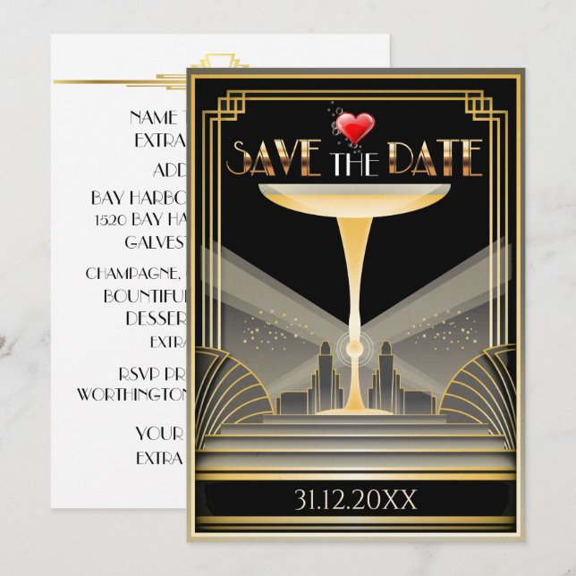 Deco Champagne Save The Date Invitation (Front/Back)