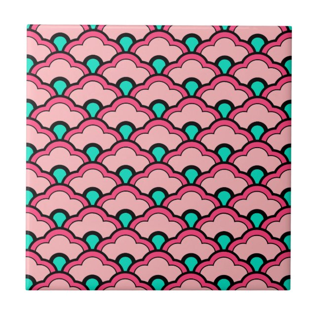 Deco Chinese Scallops, Coral Pink and Turquoise Ce Ceramic Tile (Front)