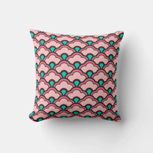 Deco Chinese Scallops, Coral Pink and Turquoise Cushion