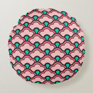 Deco Chinese Scallops, Coral Pink and Turquoise Round Cushion