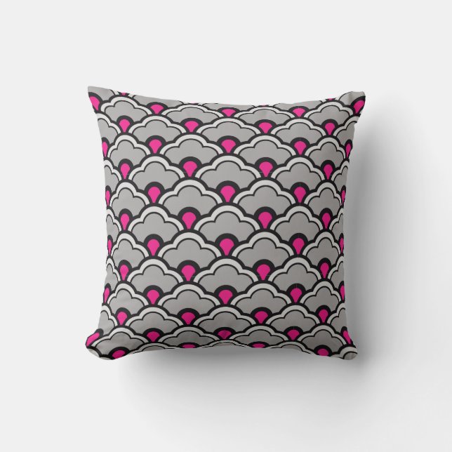 Deco Chinese Scallops, Grey / Grey, Black and Pink Cushion (Front)