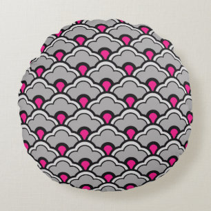 Deco Chinese Scallops, Grey / Grey, Black and Pink Round Cushion