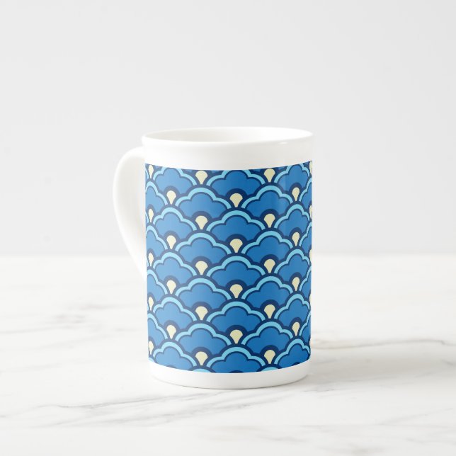 Deco Chinese Scallops, Ocean Blue and Indigo Bone China Mug (Front Left)