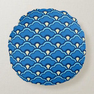 Deco Chinese Scallops, Ocean Blue and Indigo Round Cushion