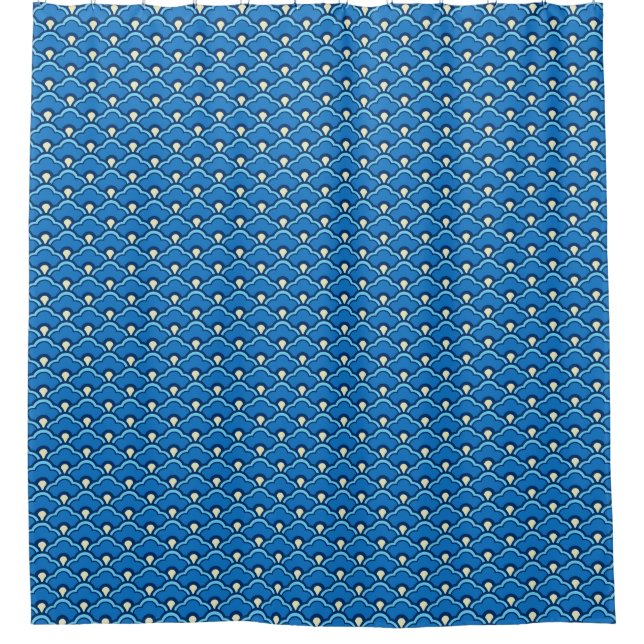 Deco Chinese Scallops, Ocean Blue and Indigo Shower Curtain (Front)