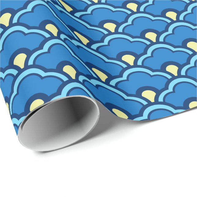 Deco Chinese Scallops, Ocean Blue and Indigo Wrapping Paper (Roll Corner)