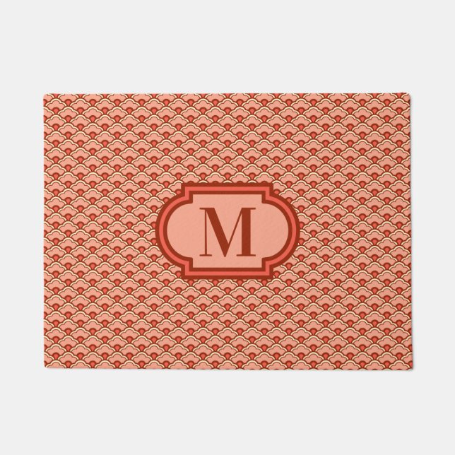 Deco Chinese Scallops, Peach & Rust with Monogram Doormat (Front)