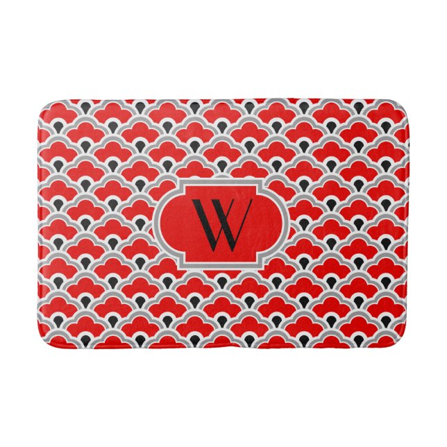 Deco Chinese Scallops, Red, Grey, Black and White Bath Mat (Front)