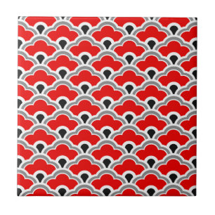 Deco Chinese Scallops, Red, Grey, Black and White  Ceramic Tile