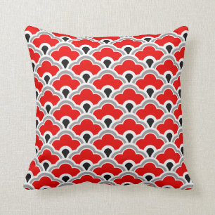 Deco Chinese Scallops, Red, Grey, Black and White Cushion