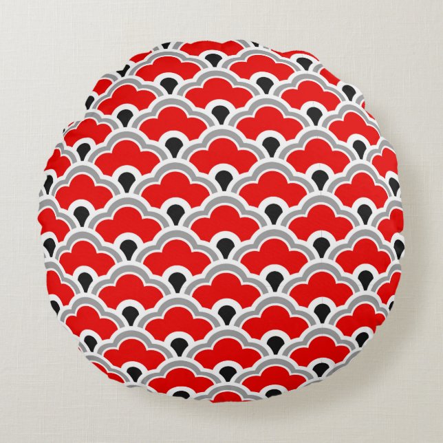 Deco Chinese Scallops, Red, Grey, Black and White Round Cushion (Front)