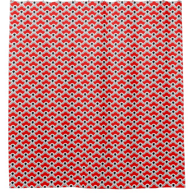 Deco Chinese Scallops, Red, Grey, Black and White Shower Curtain (Front)