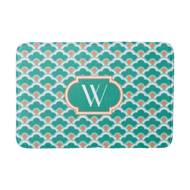 Deco Chinese Scallops, Teal, Aqua and Coral Bath Mat (Front)