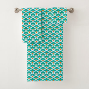 Deco Chinese Scallops, Teal, Aqua and Coral Bath Towel Set