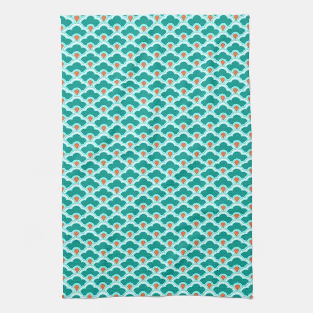 Deco Chinese Scallops, Teal, Aqua and Coral Tea Towel (Vertical)