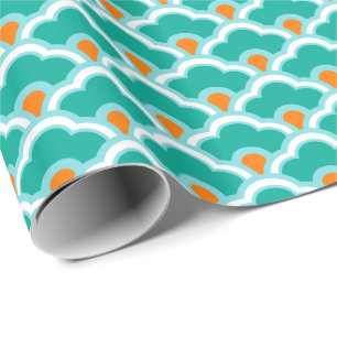 Deco Chinese Scallops, Teal, Aqua and Coral Wrapping Paper