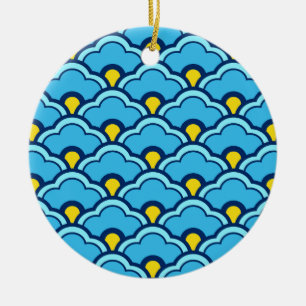 Deco Chinese Scallops, Turquoise and Aqua Ceramic Ornament