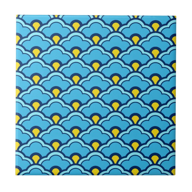 Deco Chinese Scallops, Turquoise and Aqua Ceramic  Tile (Front)