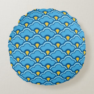 Deco Chinese Scallops, Turquoise and Aqua Round Cushion