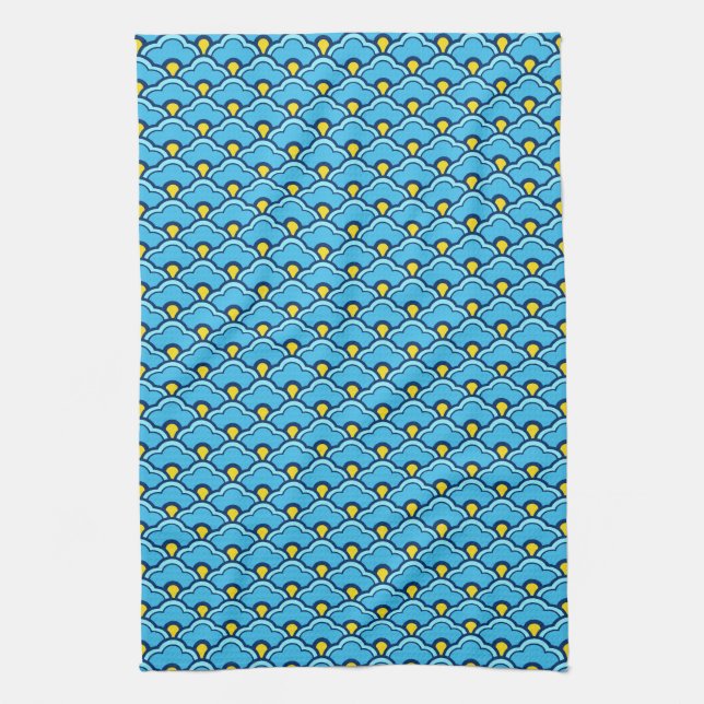 Deco Chinese Scallops, Turquoise and Aqua Tea Towel (Vertical)