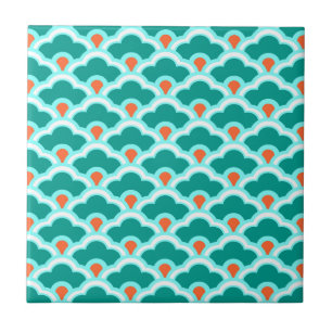 Deco Chinese Scallops, Turquoise and Coral Ceramic Tile