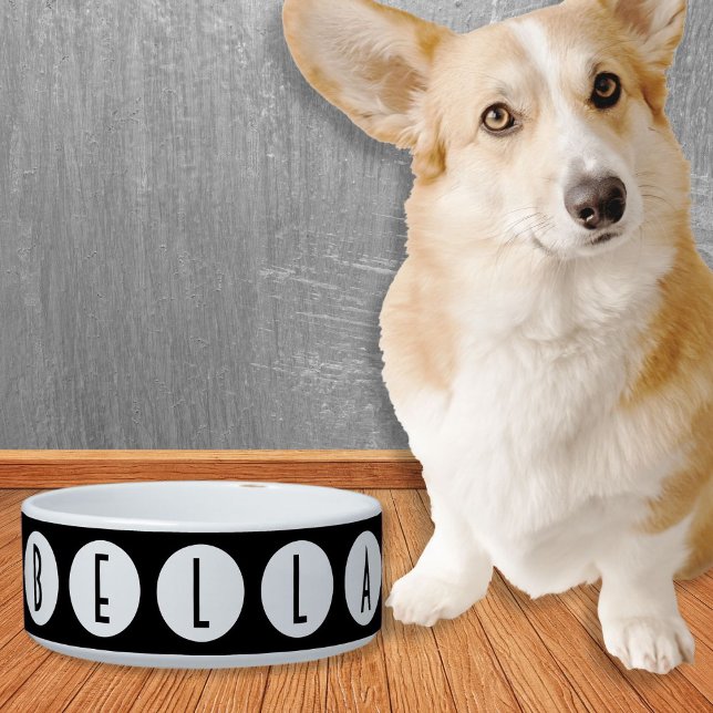 Deco Dots White on Black Personalised Text Pet Bowl (Creator Uploaded)