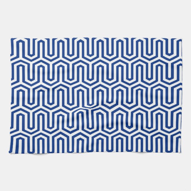Deco Egyptian motif - cobalt blue and white Tea Towel (Horizontal)