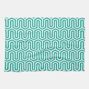 Deco Egyptian motif - turquoise and white Tea Towel