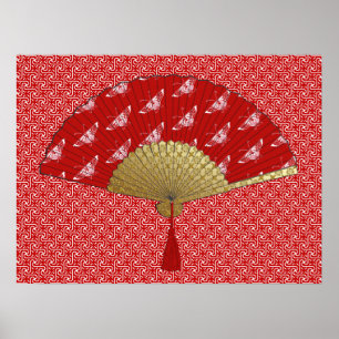 Deco Fan - Butterflies, Dark Red and White Poster