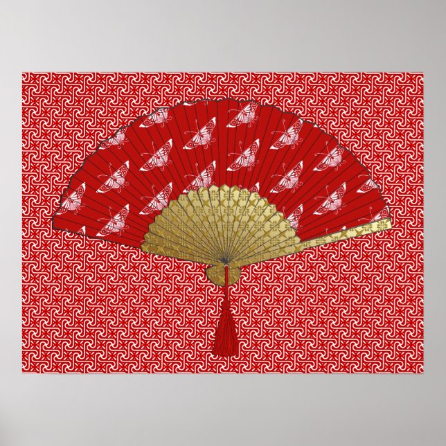 Deco Fan -  Butterflies, Dark Red and White Poster (Front)