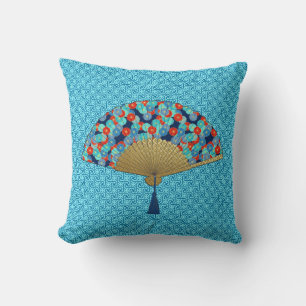 Deco Fan -  Flowers in Cobalt, Turquoise and Red Cushion