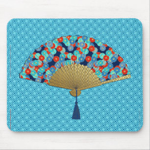 Deco Fan -  Flowers in Cobalt, Turquoise and Red Mouse Pad