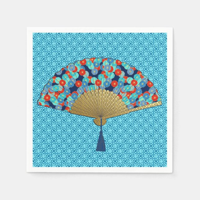 Deco Fan -  Flowers in Cobalt, Turquoise and Red Napkin (Front)